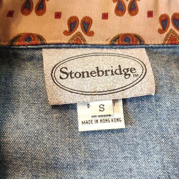 Vtg Denim Vest Western Rivets Sz S Cowgirl Stonebridge Brown Blue Paisley - Picture 4 of 4